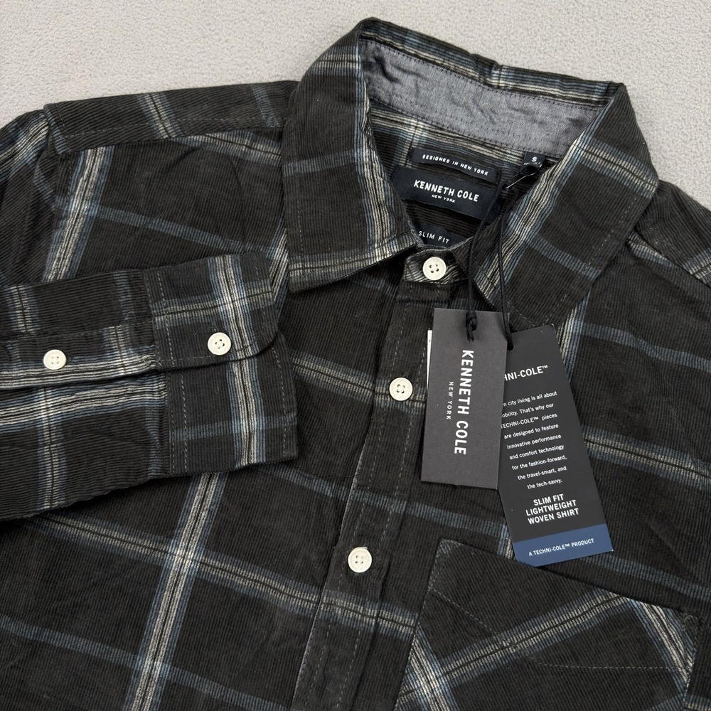 Kenneth Cole Lightweight Woven Corduroy Shirt Mens S Slim Fit Long Sleeve Plaid